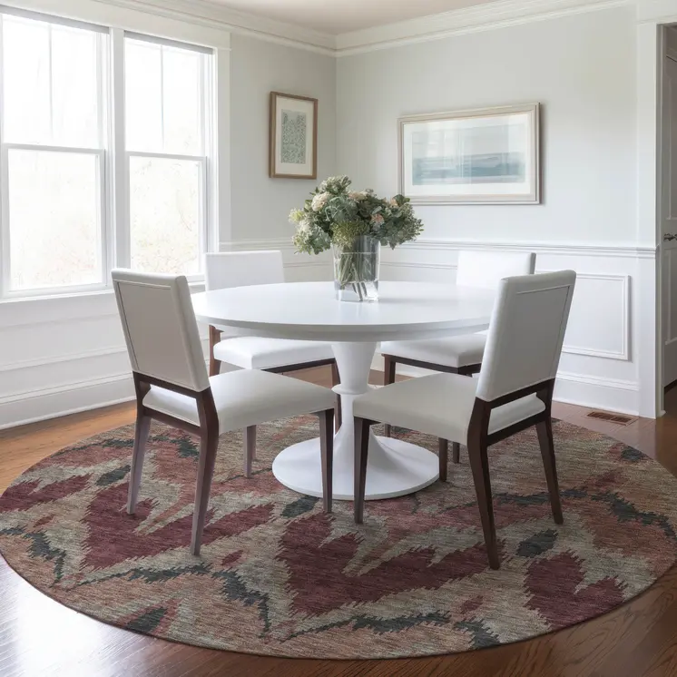 8' Burgundy Beige And Charcoal Round Ikat Washable Indoor Outdoor Area Rug