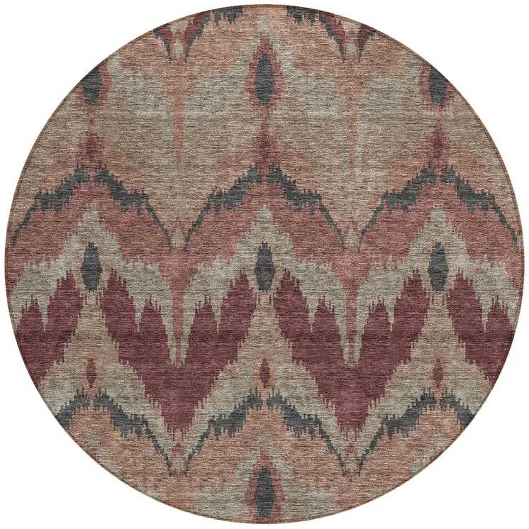 8' Burgundy Beige And Charcoal Round Ikat Washable Indoor Outdoor Area Rug