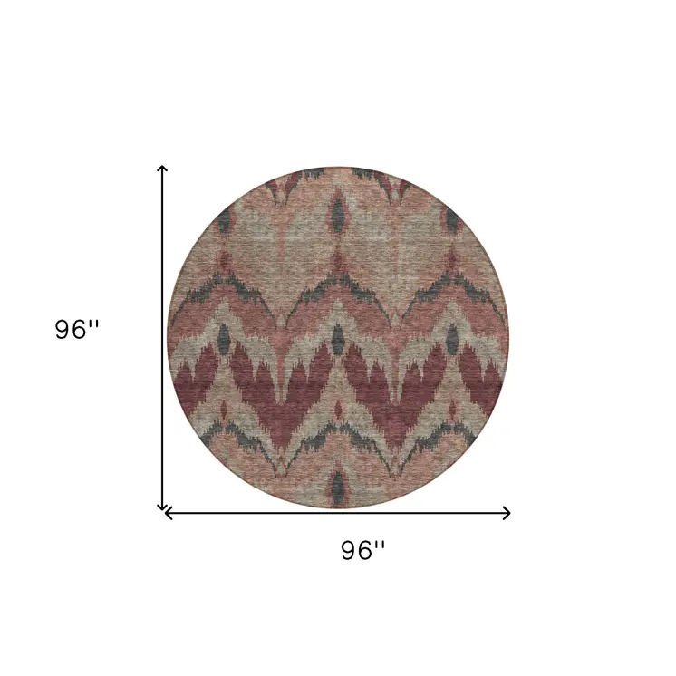 8' Burgundy Beige And Charcoal Round Ikat Washable Indoor Outdoor Area Rug