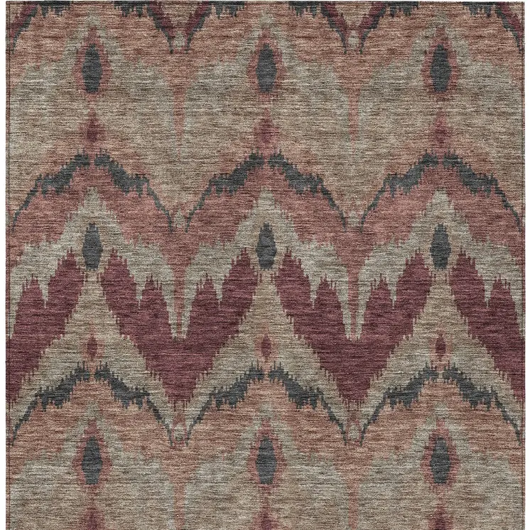 8' X 10' Burgundy Beige And Charcoal Ikat Washable Indoor Outdoor Area Rug