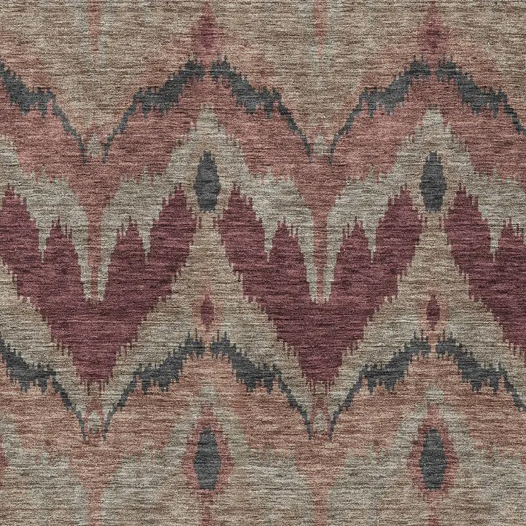8' X 10' Burgundy Beige And Charcoal Ikat Washable Indoor Outdoor Area Rug