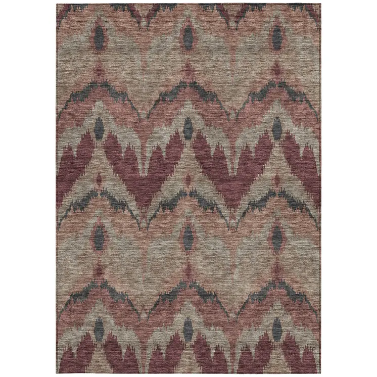 9' X 12' Burgundy Beige And Charcoal Ikat Washable Indoor Outdoor Area Rug