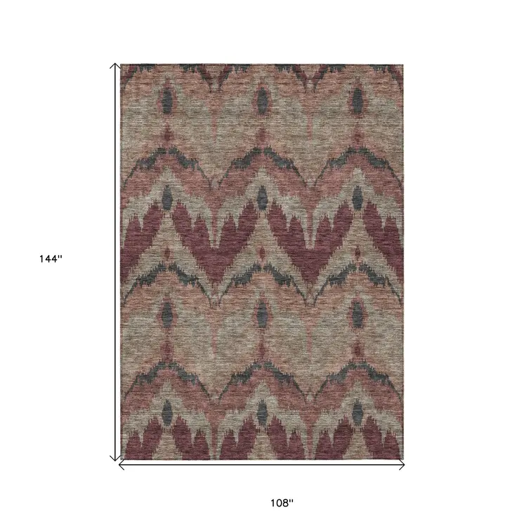 9' X 12' Burgundy Beige And Charcoal Ikat Washable Indoor Outdoor Area Rug