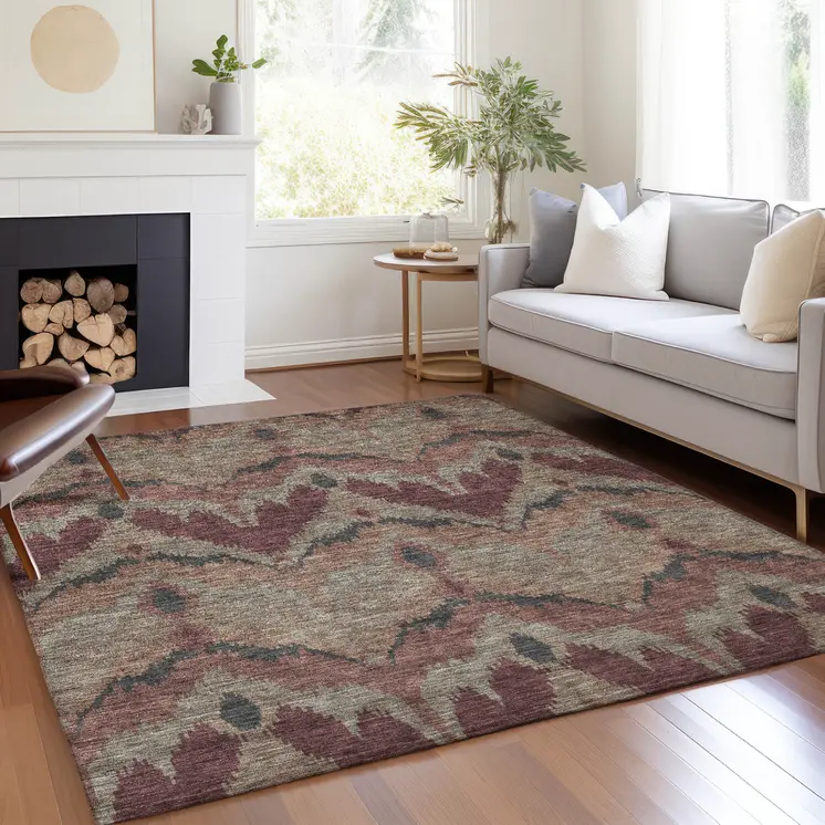 9' X 12' Burgundy Beige And Charcoal Ikat Washable Indoor Outdoor Area Rug