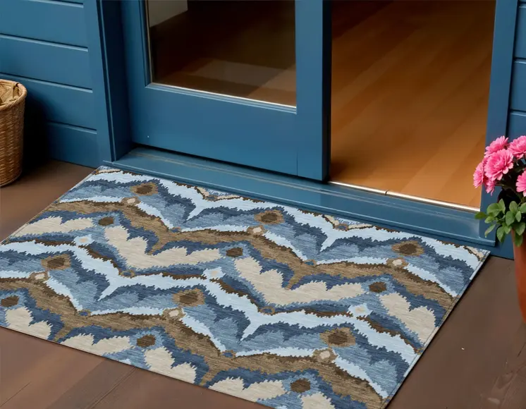3' X 5' Denim Blue And Sky Blue Ikat Washable Indoor Outdoor Area Rug