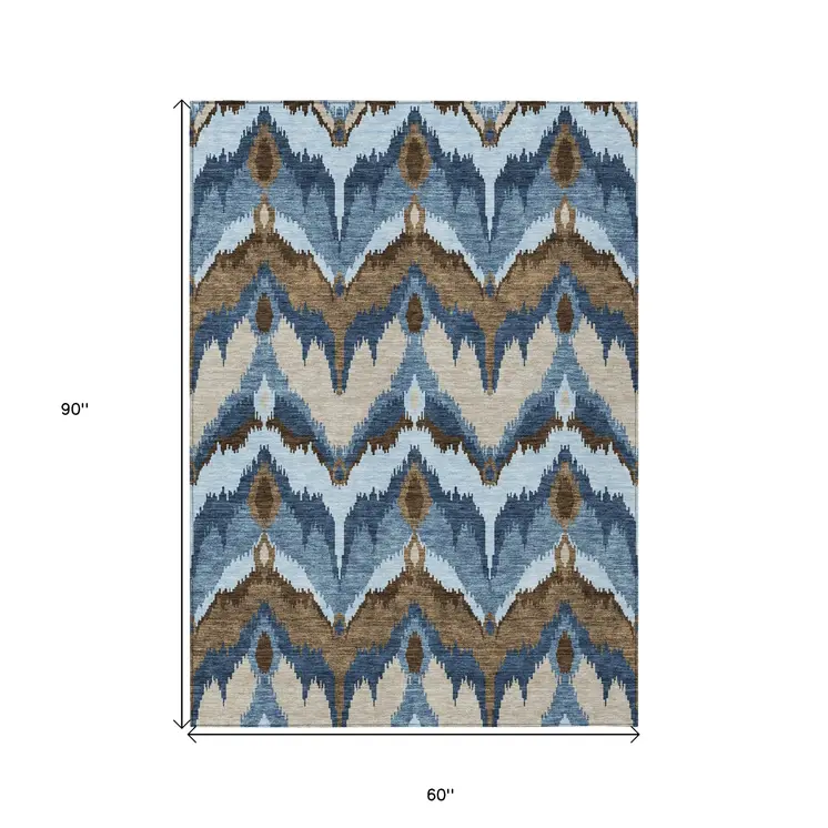 5' X 8' Denim Blue And Sky Blue Ikat Washable Indoor Outdoor Area Rug