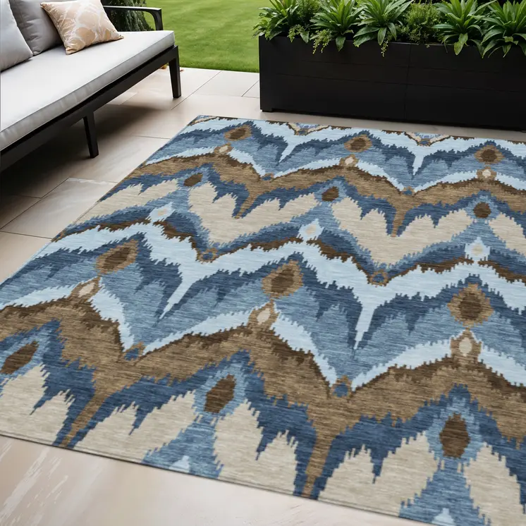 5' X 8' Denim Blue And Sky Blue Ikat Washable Indoor Outdoor Area Rug