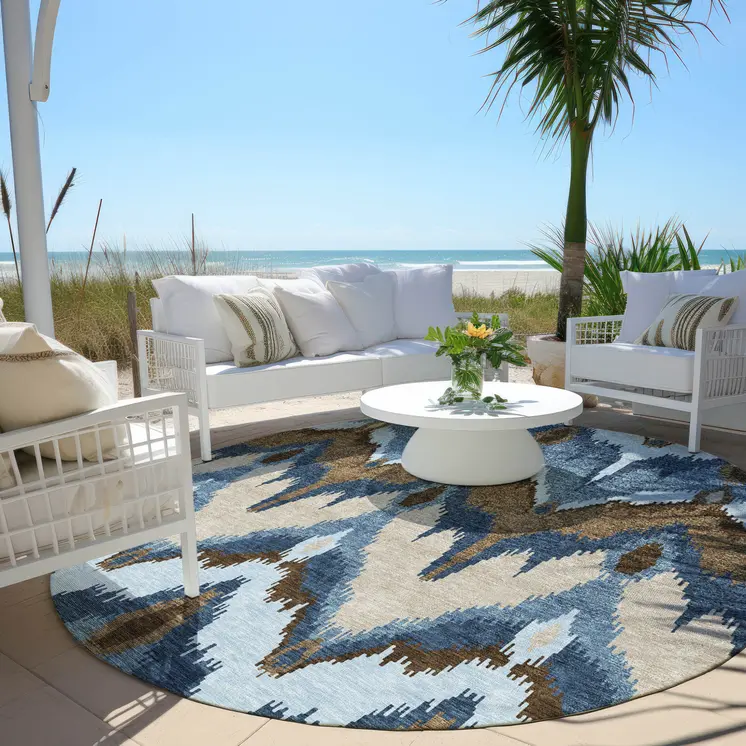 8' Denim Blue And Sky Blue Round Ikat Washable Indoor Outdoor Area Rug
