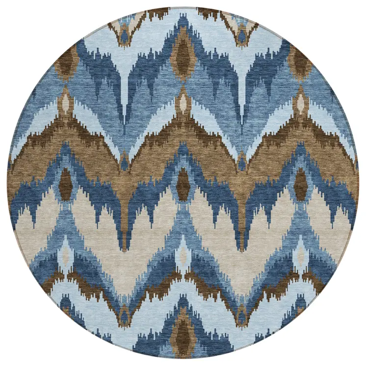 8' Denim Blue And Sky Blue Round Ikat Washable Indoor Outdoor Area Rug