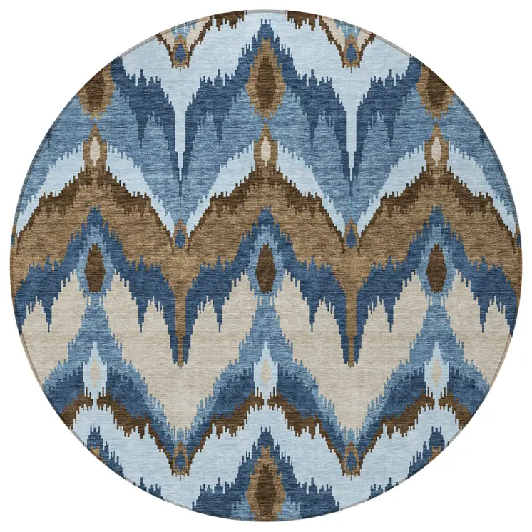 8' Denim Blue And Sky Blue Round Ikat Washable Indoor Outdoor Area Rug