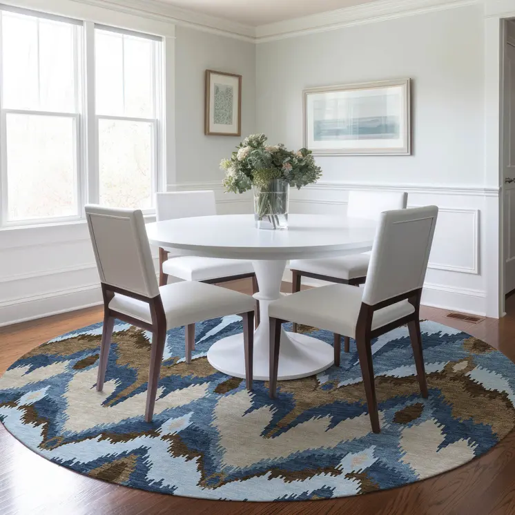 8' Denim Blue And Sky Blue Round Ikat Washable Indoor Outdoor Area Rug