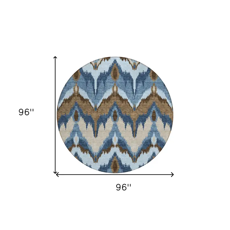 8' Denim Blue And Sky Blue Round Ikat Washable Indoor Outdoor Area Rug