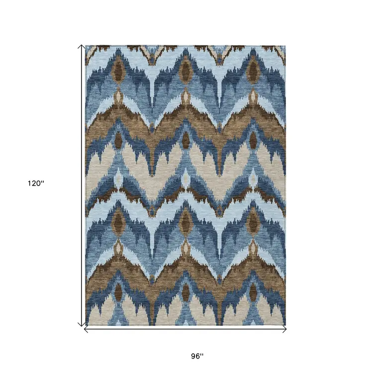 8' X 10' Denim Blue And Sky Blue Ikat Washable Indoor Outdoor Area Rug