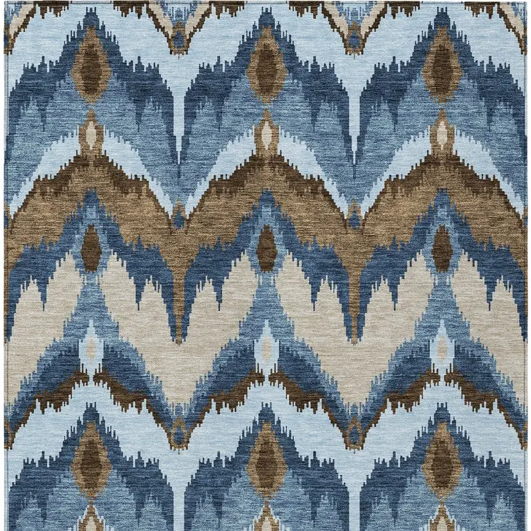 9' X 12' Denim Blue And Sky Blue Ikat Washable Indoor Outdoor Area Rug