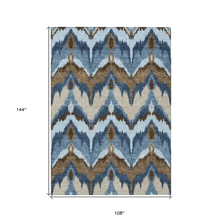 9' X 12' Denim Blue And Sky Blue Ikat Washable Indoor Outdoor Area Rug