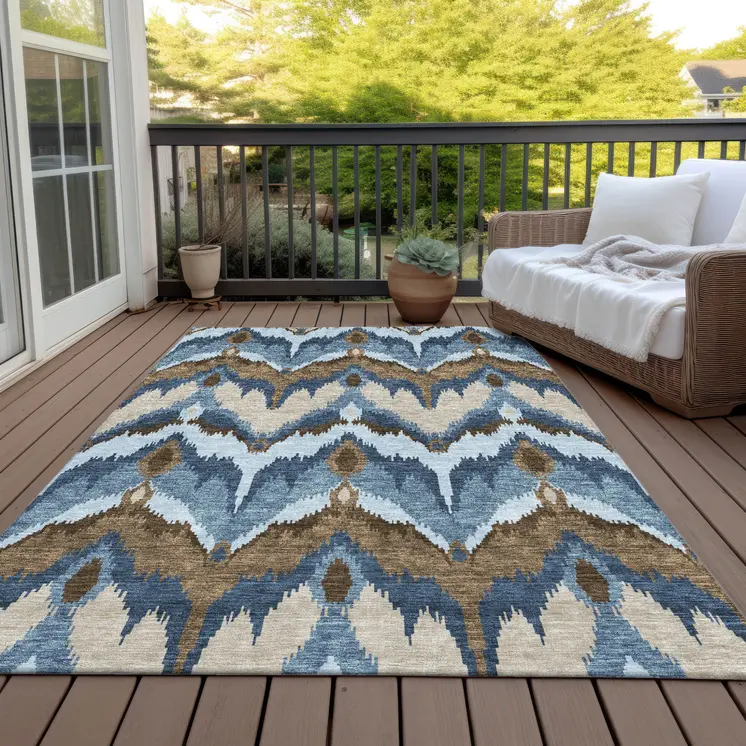 9' X 12' Denim Blue And Sky Blue Ikat Washable Indoor Outdoor Area Rug