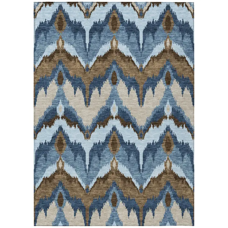 9' X 12' Denim Blue And Sky Blue Ikat Washable Indoor Outdoor Area Rug