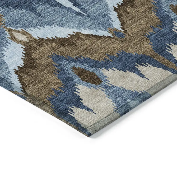 9' X 12' Denim Blue And Sky Blue Ikat Washable Indoor Outdoor Area Rug