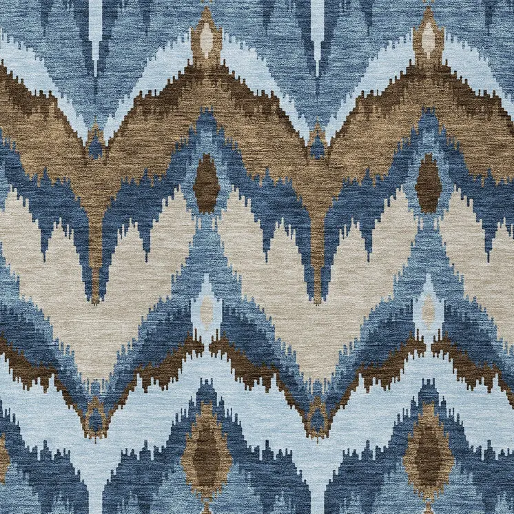 9' X 12' Denim Blue And Sky Blue Ikat Washable Indoor Outdoor Area Rug