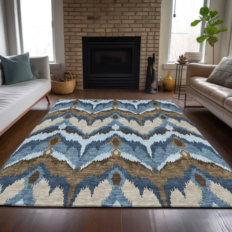 9' X 12' Denim Blue And Sky Blue Ikat Washable Indoor Outdoor Area Rug