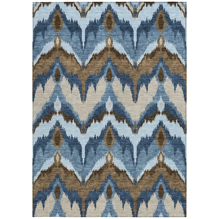 10' X 14' Denim Blue And Sky Blue Ikat Washable Indoor Outdoor Area Rug