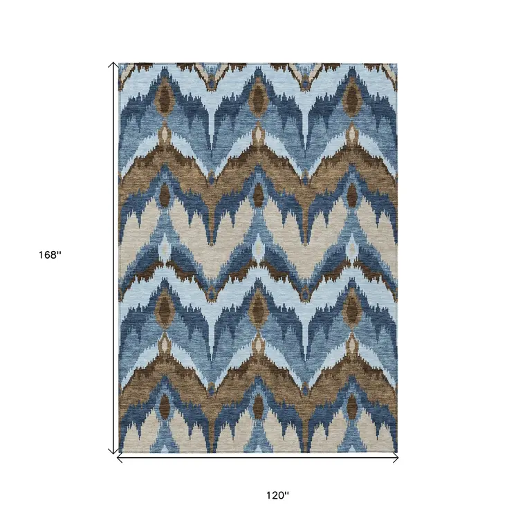 10' X 14' Denim Blue And Sky Blue Ikat Washable Indoor Outdoor Area Rug