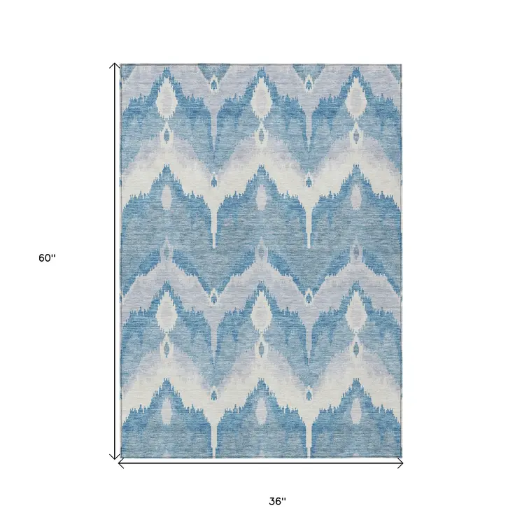 3' X 5' Denim Blue Sky Blue And Ivory Ikat Washable Indoor Outdoor Area Rug