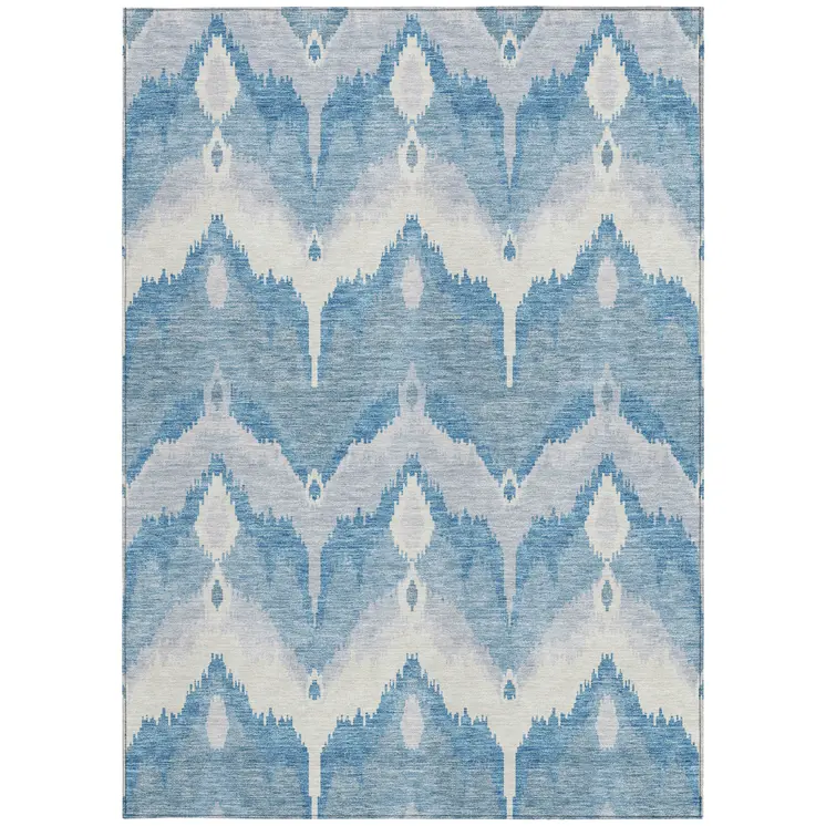 8' X 10' Denim Blue Sky Blue And Ivory Ikat Washable Indoor Outdoor Area Rug