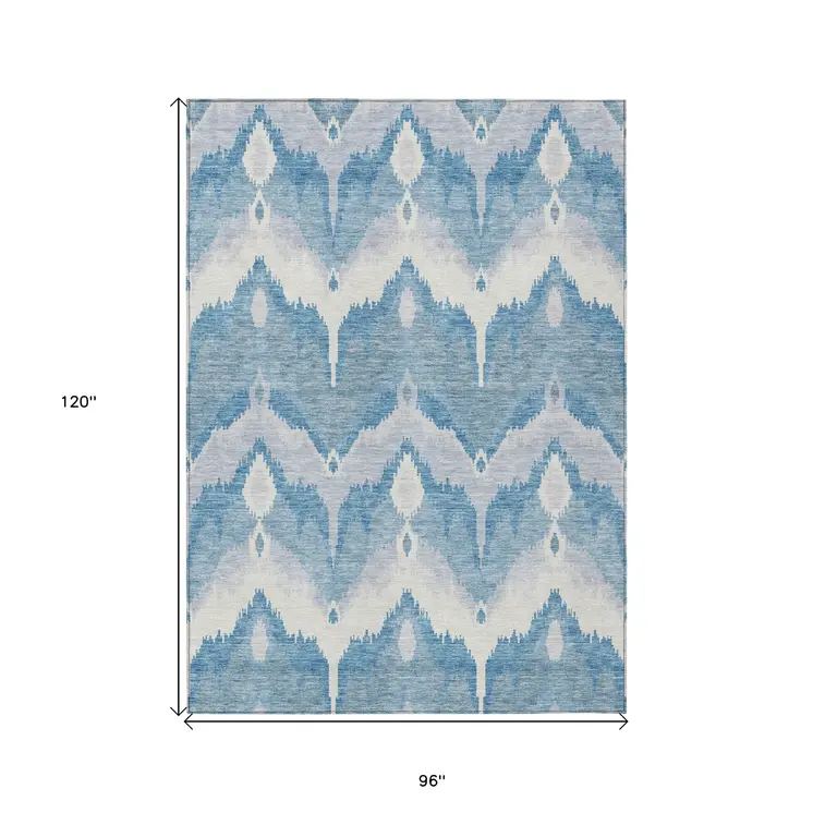 8' X 10' Denim Blue Sky Blue And Ivory Ikat Washable Indoor Outdoor Area Rug