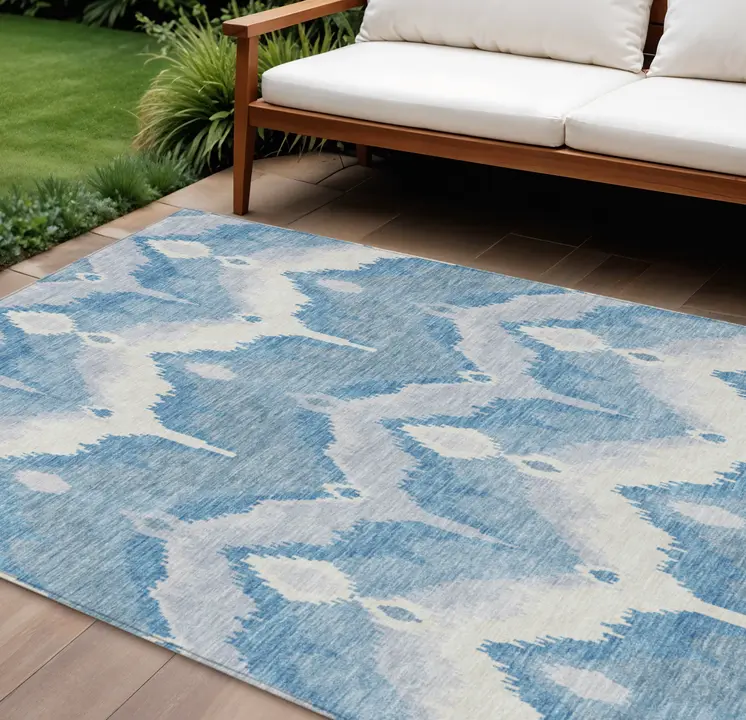 8' X 10' Denim Blue Sky Blue And Ivory Ikat Washable Indoor Outdoor Area Rug