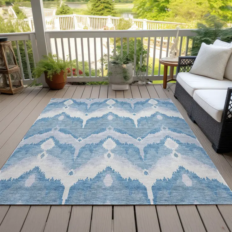 8' X 10' Denim Blue Sky Blue And Ivory Ikat Washable Indoor Outdoor Area Rug