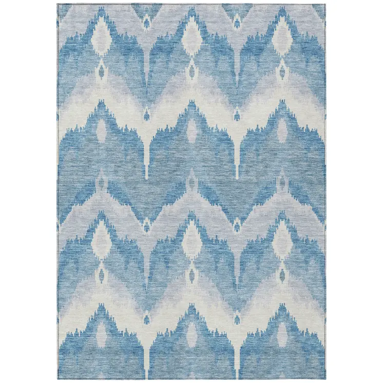 8' X 10' Denim Blue Sky Blue And Ivory Ikat Washable Indoor Outdoor Area Rug