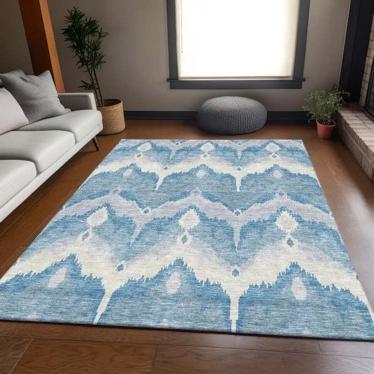 8' X 10' Denim Blue Sky Blue And Ivory Ikat Washable Indoor Outdoor Area Rug