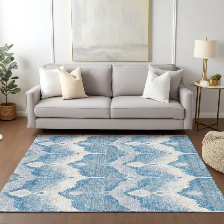 8' X 10' Denim Blue Sky Blue And Ivory Ikat Washable Indoor Outdoor Area Rug