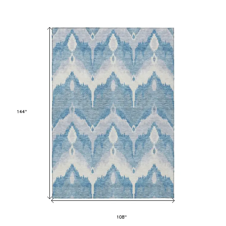 9' X 12' Denim Blue Sky Blue And Ivory Ikat Washable Indoor Outdoor Area Rug