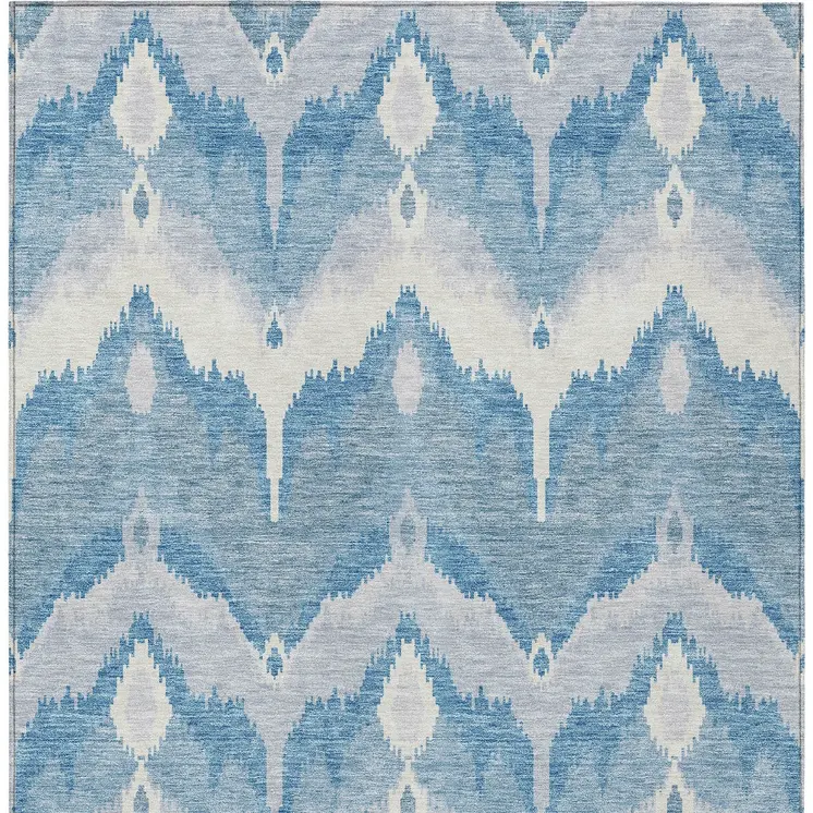 10' X 14' Denim Blue Sky Blue And Ivory Ikat Washable Indoor Outdoor Area Rug