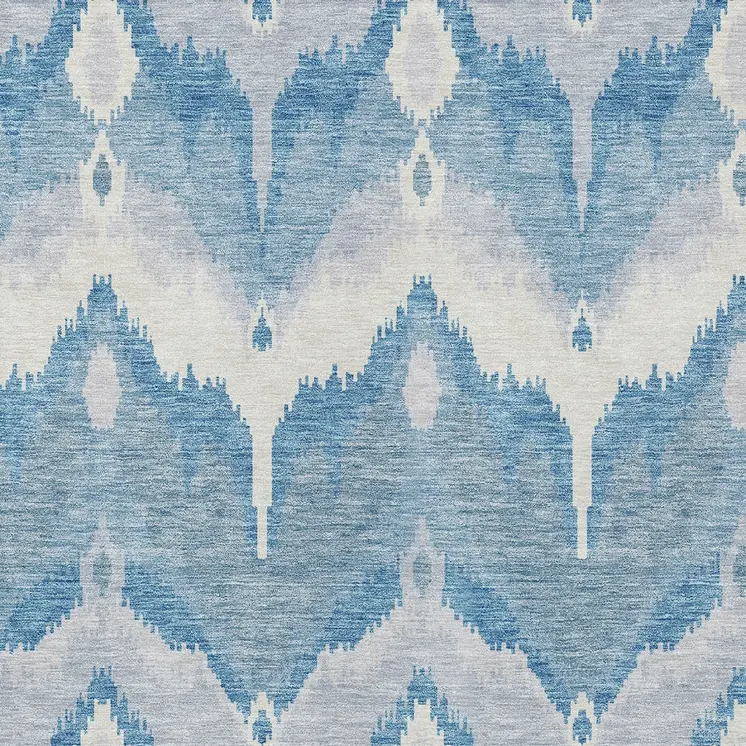 10' X 14' Denim Blue Sky Blue And Ivory Ikat Washable Indoor Outdoor Area Rug