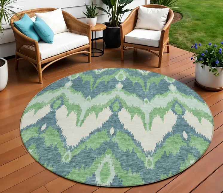 8' Green Ivory And Blue Round Ikat Washable Indoor Outdoor Area Rug
