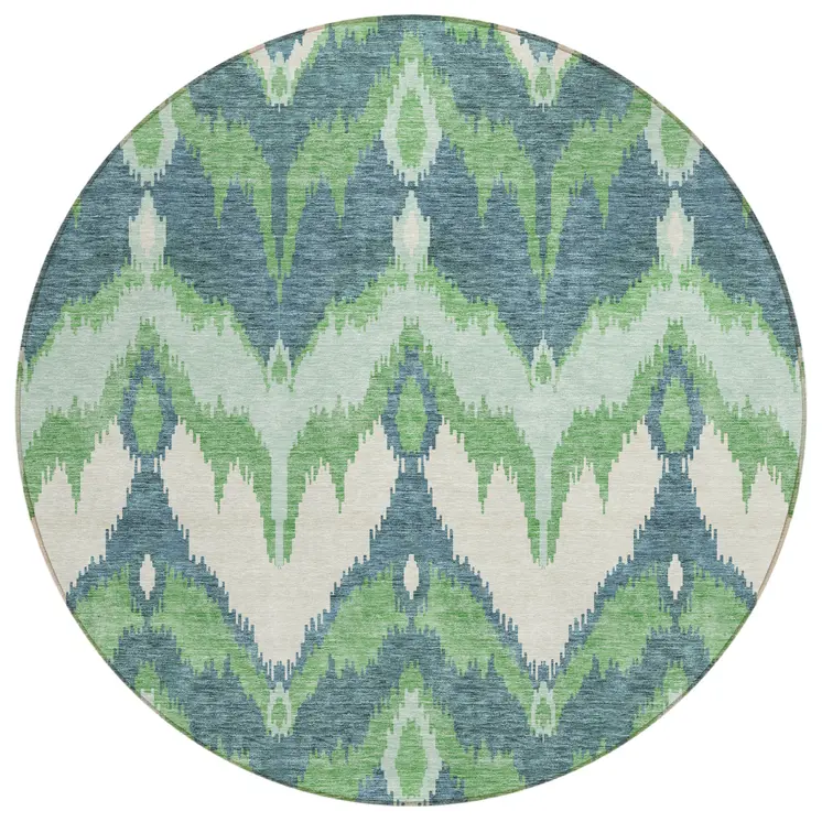 8' Green Ivory And Blue Round Ikat Washable Indoor Outdoor Area Rug
