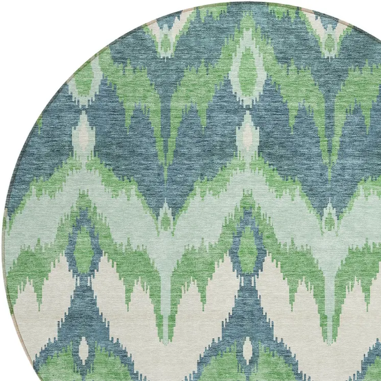 8' Green Ivory And Blue Round Ikat Washable Indoor Outdoor Area Rug