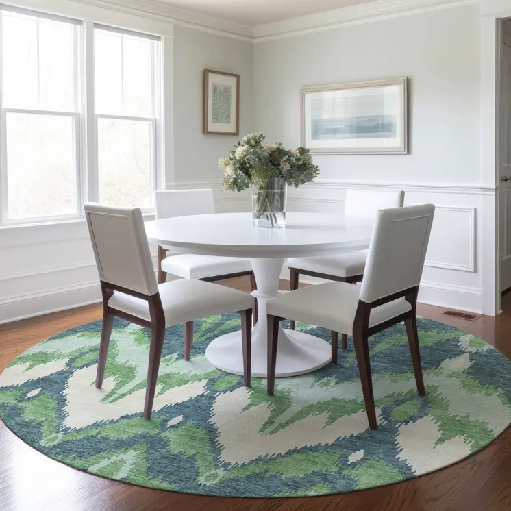 8' Green Ivory And Blue Round Ikat Washable Indoor Outdoor Area Rug