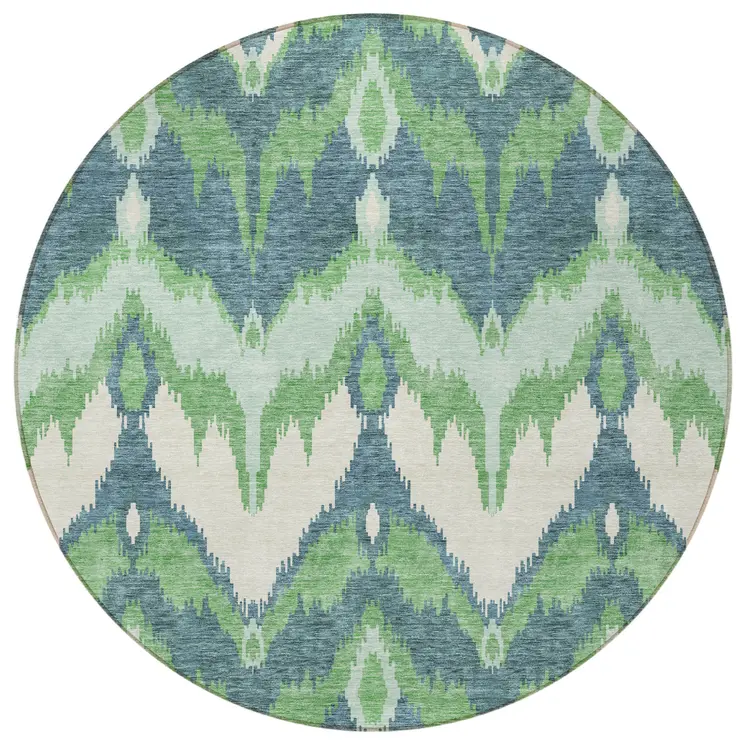 8' Green Ivory And Blue Round Ikat Washable Indoor Outdoor Area Rug
