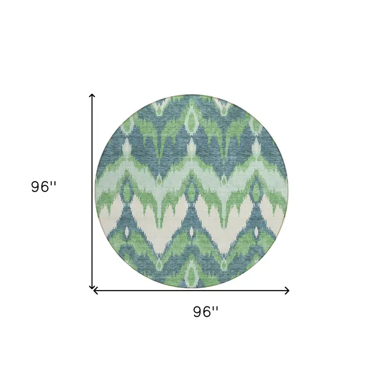 8' Green Ivory And Blue Round Ikat Washable Indoor Outdoor Area Rug