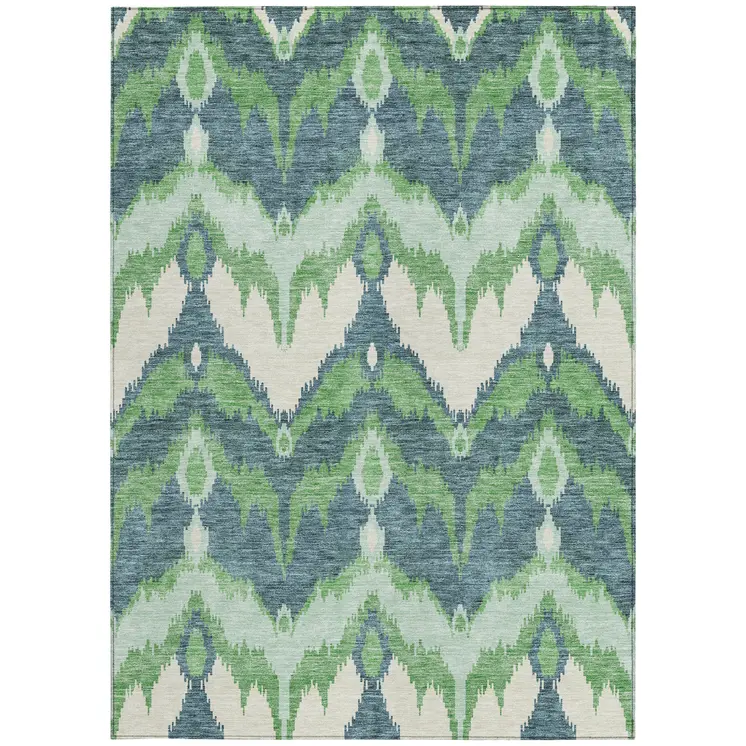 8' X 10' Green Ivory And Blue Ikat Washable Indoor Outdoor Area Rug