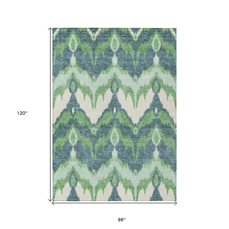 8' X 10' Green Ivory And Blue Ikat Washable Indoor Outdoor Area Rug
