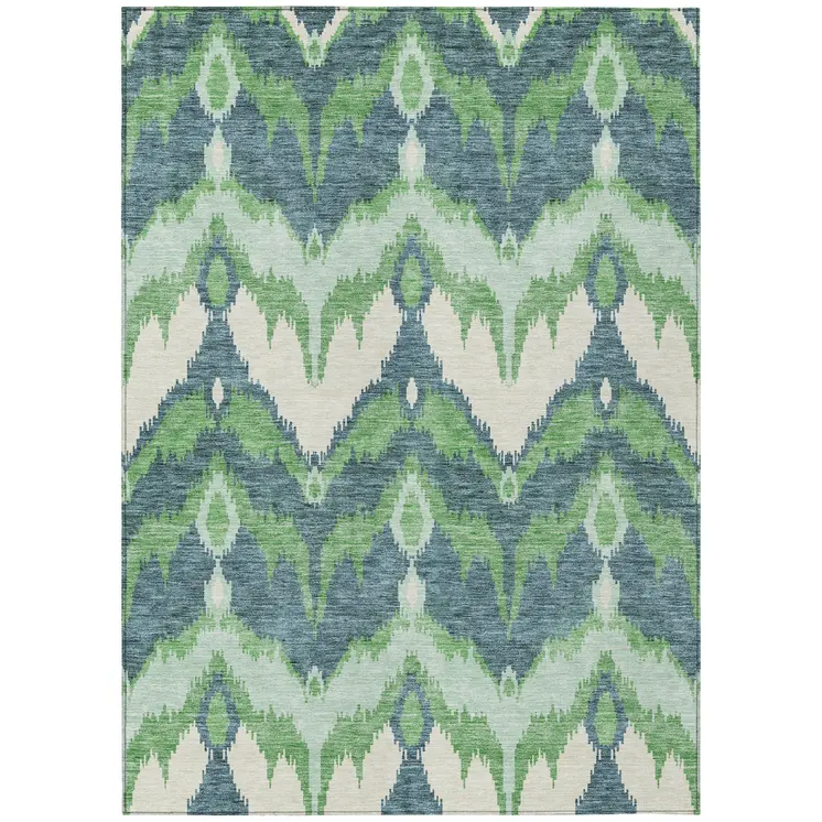 8' X 10' Green Ivory And Blue Ikat Washable Indoor Outdoor Area Rug