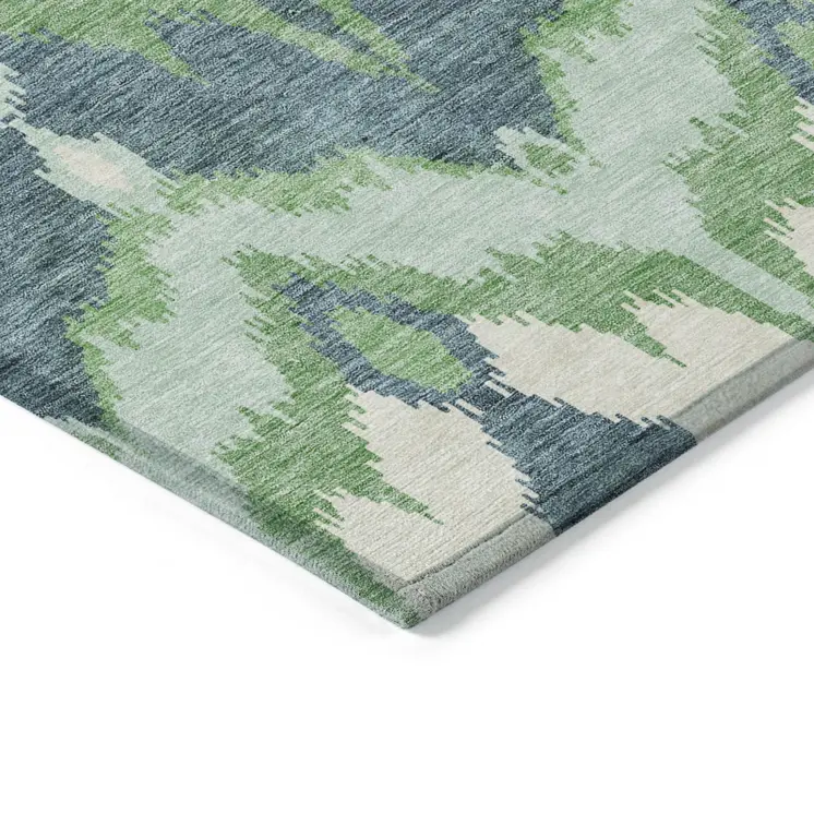 8' X 10' Green Ivory And Blue Ikat Washable Indoor Outdoor Area Rug