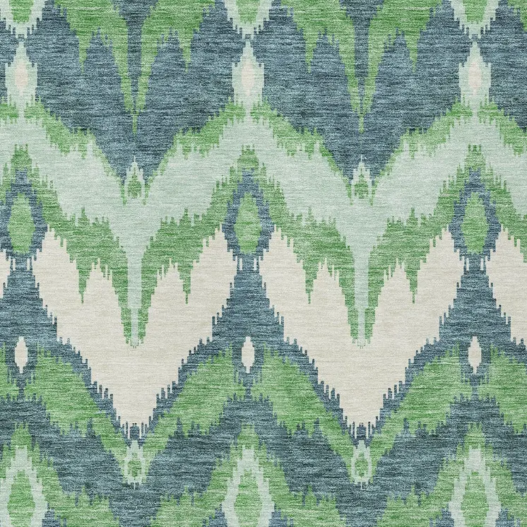 8' X 10' Green Ivory And Blue Ikat Washable Indoor Outdoor Area Rug