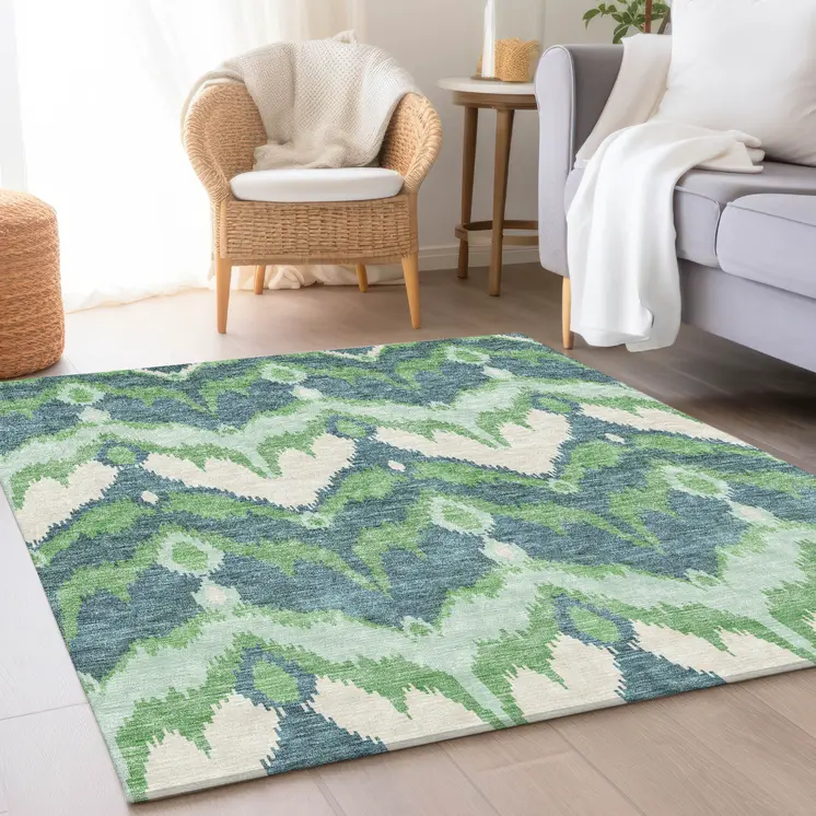 8' X 10' Green Ivory And Blue Ikat Washable Indoor Outdoor Area Rug