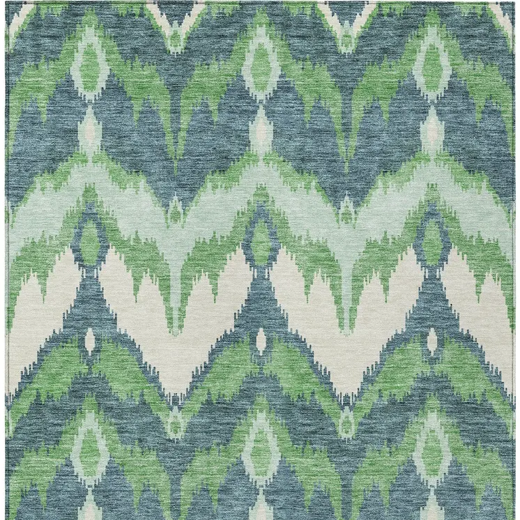 9' X 12' Green Ivory And Blue Ikat Washable Indoor Outdoor Area Rug